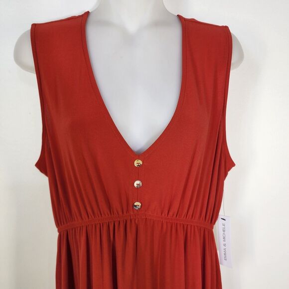 Emma & Michele Women Maxi Dress Medium Red Empire Waist Sleeveless V Neck Hi Low - Picture 6 of 10